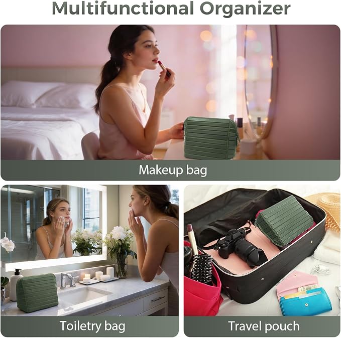 Travel Makeup Organizer Bag with Fold-Down Design and Adjustable Dividers, 27 Pockets & 3 Brush Storage Holders, Large Capacity Cosmetic Bags Toiletry Case - Dark Green - Image 6