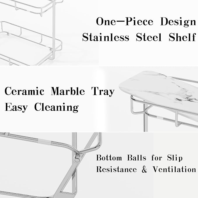 Bathroom Organizer Countertop Perfume Organizer Makeup Organizer Cosmetics Storage Display Rack Vanity Tray Dresser Stainless Steel Gold Shelf White Marble Ceramic Tray - Image 2