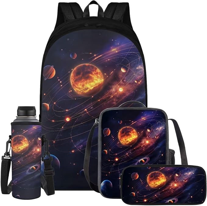 Space Galaxy Backpack for Boys Girls Backpack with Lunch Box Water Bottle Carrier with Strap and Soft Pencil Case 4PCS Set Bookbag with Compartments 17 inch Sturdy School Bag with for Kids by ELEDIZI