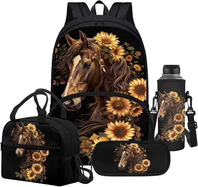 4Pcs Sunflower Horse Schoolbag and Lunch Box Pencil Bag Water Holder Bag for Boy 10, Preschool, Outdoor Travel Ruckpack Laptop Bags by FUIBENG