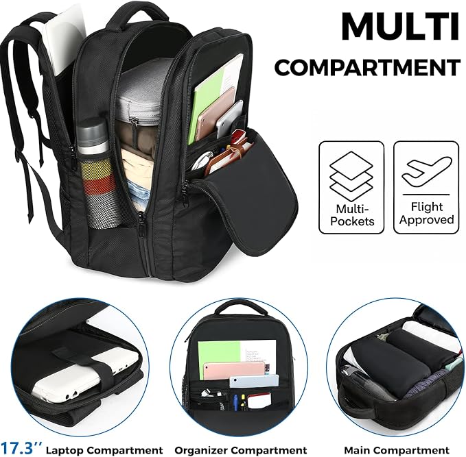 MATEIN Carry on Backpack, 40L Flight Approved Large Travel Laptop Backpack | Fit 17 Inch Laptop, Computer Daypack, Water Resistant, College Weekender Overnight Bag, For Men & Women, Black - Image 3