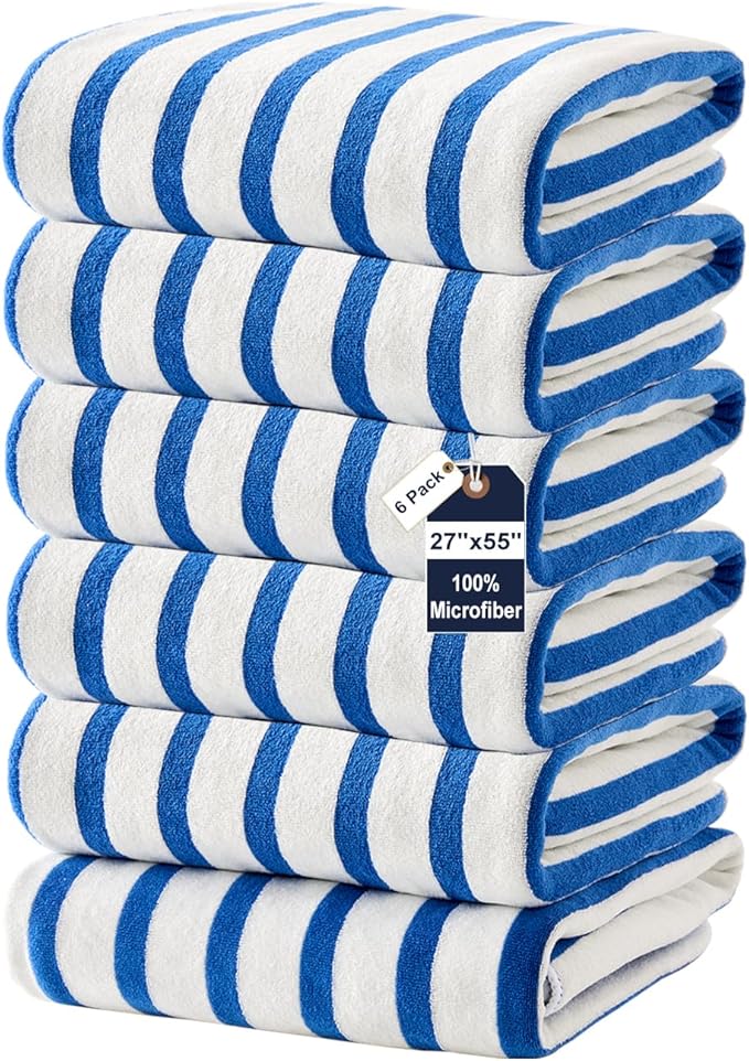 JML Microfiber Beach Towels, 6 Pack, 27" x 55", Large Bath Towel Set for Adult- Cabana Stripe - Absorbent, Quick Drying Lint-Free, No Fading for Summer Party, Pool, Sport, Yoga, Swimming, Dark Blue by JML