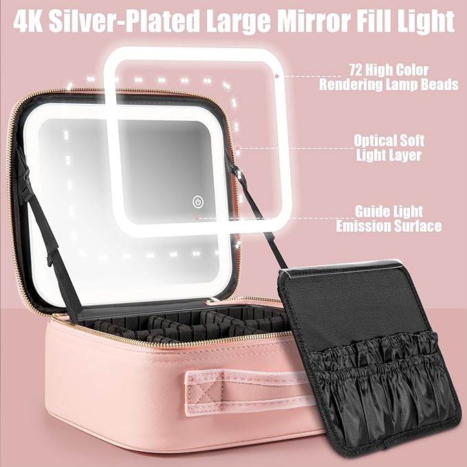 Extrei Gent Makeup Travel Train Case with Mirror LED Light 3 Adjustable Brightness Large Cosmetic Bag Portable Storage Adjustable Partition Waterproof Makeup Brushes Make up Jewelry Gift for Women - Image 5