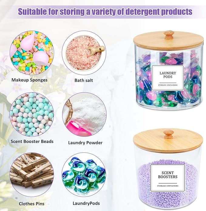 2 Pack Laundry Pods Container,Clear Laundry Room Organization Containers,Large Laundry Detergent Powder Storage Containers with Bamboo Lids & Labels for Scent Booster,Powder,Pods - Image 5