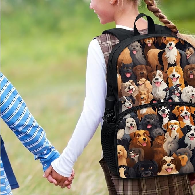 Adorable Dog Backpack for School，4Piece Cartoon Dog Face Print Schoolbag with Lunch Box and Pencil Case，Water Bottle Carrier Bag,Large Capacity 17Inch Child Backpack for Boys Girls - Image 3