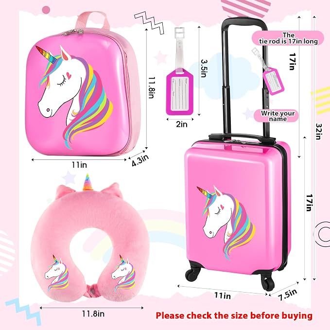 Sanwuta 4 Pcs Kids Luggage Set Back to School Gifts for Girls Boys Carry On Rolling Suitcase Backpack Neck Pillow Travel Set(17 Inch,Unicorn Style,Pink) - Image 2