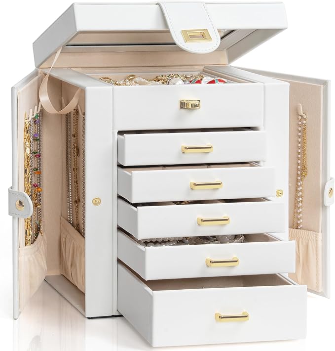 AKOZLIN 6-Tier Jewelry Box Organizer Functional 5 Drawers Leather Jewelry Storage Case for Women Girls Ring Necklace Earring Bracelet Holder Organizer with Mirror White Regular by AKOZLIN
