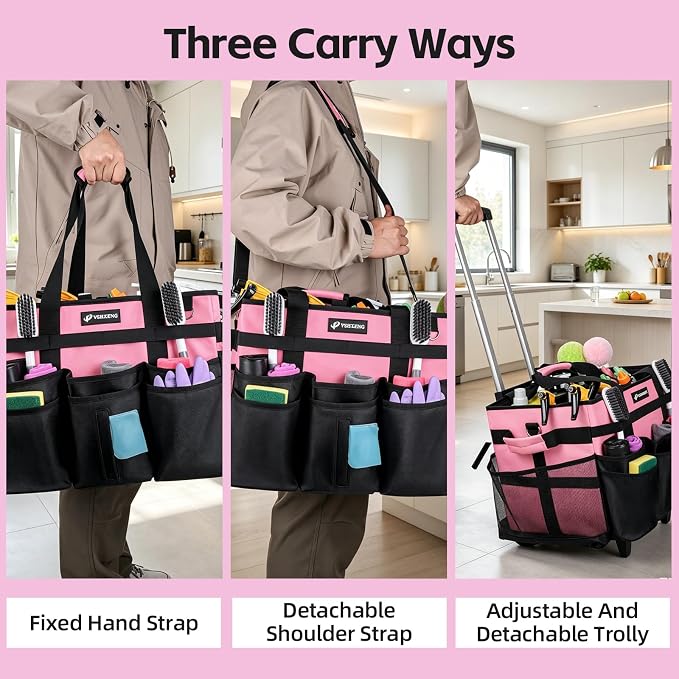 Large Rolling Cleaning Caddy Bag with Wheels, with Detachable Trolley, Cleaning Bags on Wheels for Housekeepers, Cleaning Cart Supplies Organizer for Home, Car, Picnic (Pink) - Image 7
