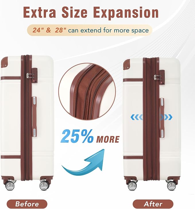 Merax Luggage Set 2 Piece Suitcase Set with Cosmetic Case Expandable Spinner Wheels Vintage Luggage Sets(White,20"+28") - Image 5