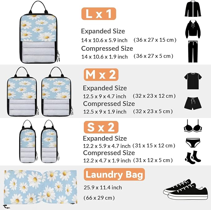 Floral Daisy 6 Set Compression Packing Cubes for Travel Luggage Carry On Suitcase Compressible Expandable Packing Cubes Organizers Bag - Image 2