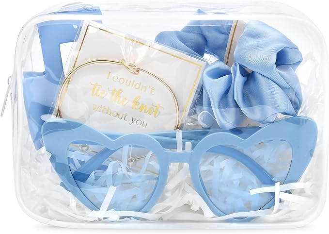 DEEKA 5 Pcs Bridesmaid Proposal Bag Set Gift Clear Makeup Toiletry Bag Bachelorette Party Favors Sunglasses Hair Claw Clips Scrunchies Knot Bracelets Bridal Wedding Party Gifts (Blue) by DEEKA