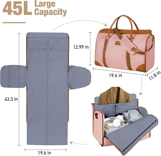 Convertible Garment Duffel Bags for Travel, Carry On Garment Bag with Shoe Compartment, 3 in 1 Foldable Suit Duffle Bag for Women, Jenni Bag for Hanging Clothes, Pink (2Pcs Set) - Image 7