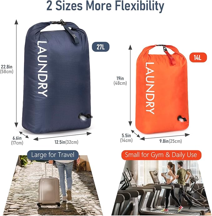 WiseBoy Compression Laundry Bag 2 Pack, Pump-Free Travel Laundry Bag for Dirty Clothes, Waterproof Wet Dry Bag, Space Saving Packing Organizer for Suitcase, Gym & Swim (Navy Blue & Orange) - Image 4