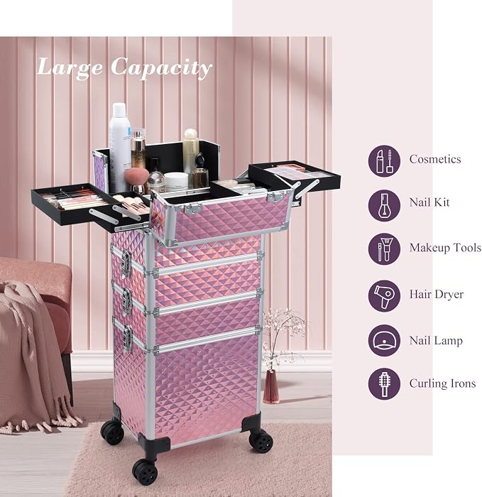 4 in 1 Rolling Makeup Trolley Train Case Cosmetic Suitcase, Box for Makeup Artist, Hairstylists, Nail Tech Students Barber Case with Keys Swivel Wheels - Shiny Pink - Image 2