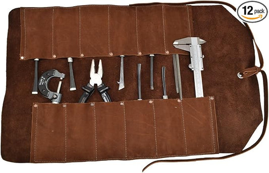 Leather Tool Bag Roll Up, 12 Slot Heavy Duty Tool Roll Bag Organizer, Tool Roll Up Bag, Portable Tool Wrap Roll Bags for Travel, Durable Tool Kit Folding Tool Pouch Roll Up Mechanic Gifts for Men by HideDrink