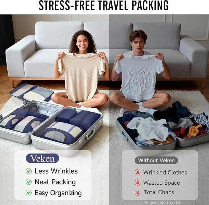 Veken 8 Set Packing Cubes for Travel Essentials,Anti-Wrinkle Buckled Suitcase Organizer for Shoe & Toiletry Bag,Carry On Luggage Bag with 99+ Count Mesh Holes for Airplane & College Dorm Accessories - Image 7