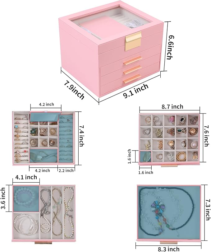 BOOVO Clear Lid Jewelry Box,3 Layers Jewelry Organizer Large Jewelry Storage Box with 2 Drawers,Jewelry Holder Organzier of Rings Earrings Necklace Bracelets for Women (Pink, 4 Layer) - Image 4