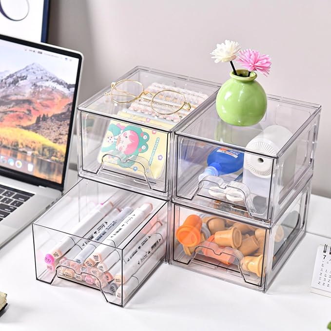 Stebopum 6 Pack Stackable Makeup Organizer, 4.4'' Tall Acrylic Bathroom Makeup Organizer and Storage Drawer with Pull-out Handle, Clear Plastic Storage Bins for Vanity,Pantry,Desk,Undersink,Kitchen - Image 6