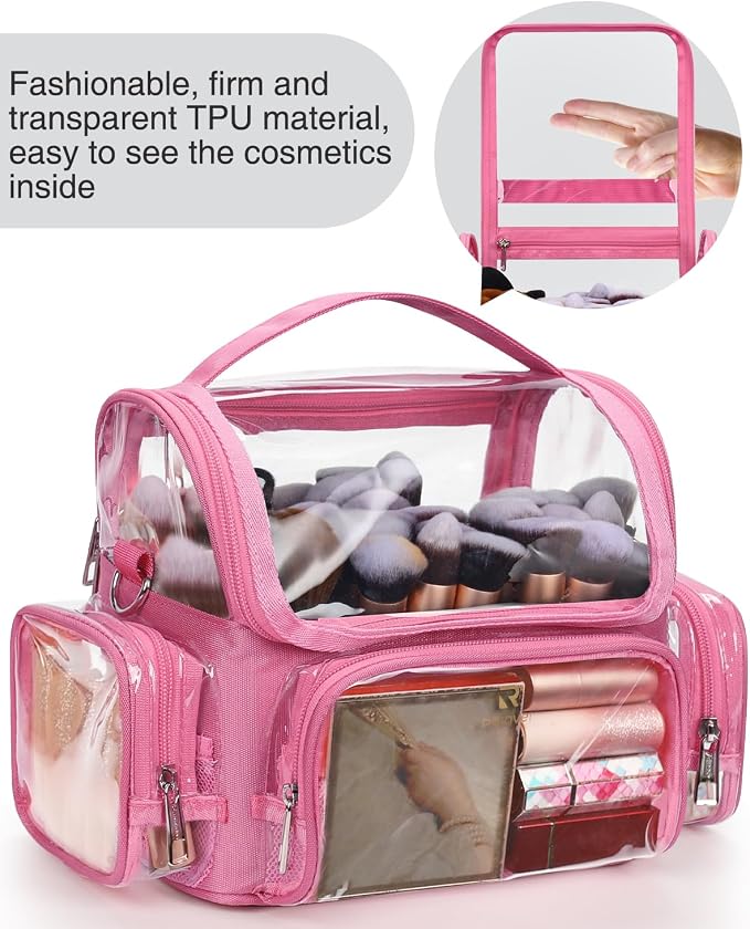 NAONAYA Pink Makeup Brush Bag, Large Makeup Brush Holder Professional Makeup Artist Travel Case Clear Waterproof Cosmetic Organizer Bag, Full Open Easy to Access, with Adjustable Strap and Dividers - Image 2