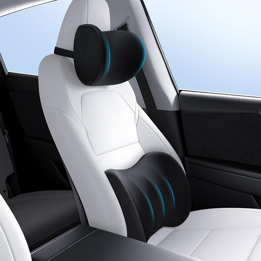 Wigoo Car Neck Pillow and Lumbar Support Pillow for Car Set, Black | Extra Strap| Ergonomic| Universal Fit by wigoo