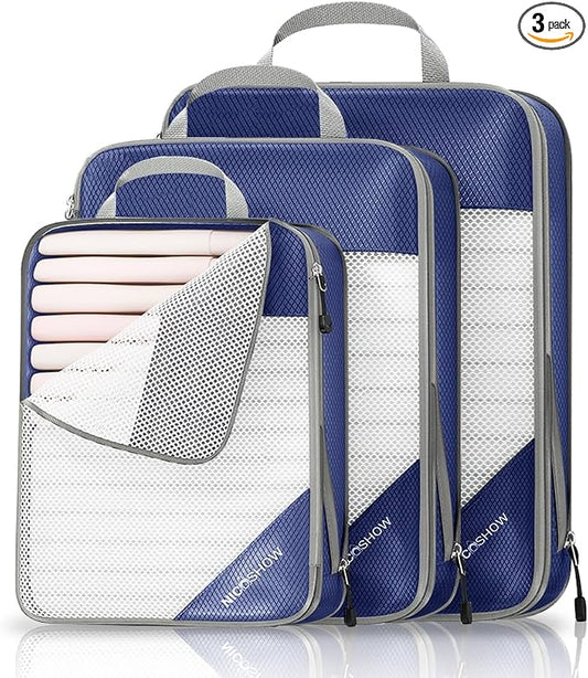 NICOSHOW 3 Set Compression Packing Cubes for Travel - Compressible, Lightweight, and Space-Saving Packing Cubes, Travel Essentials for Women, Navy by NICOSHOW