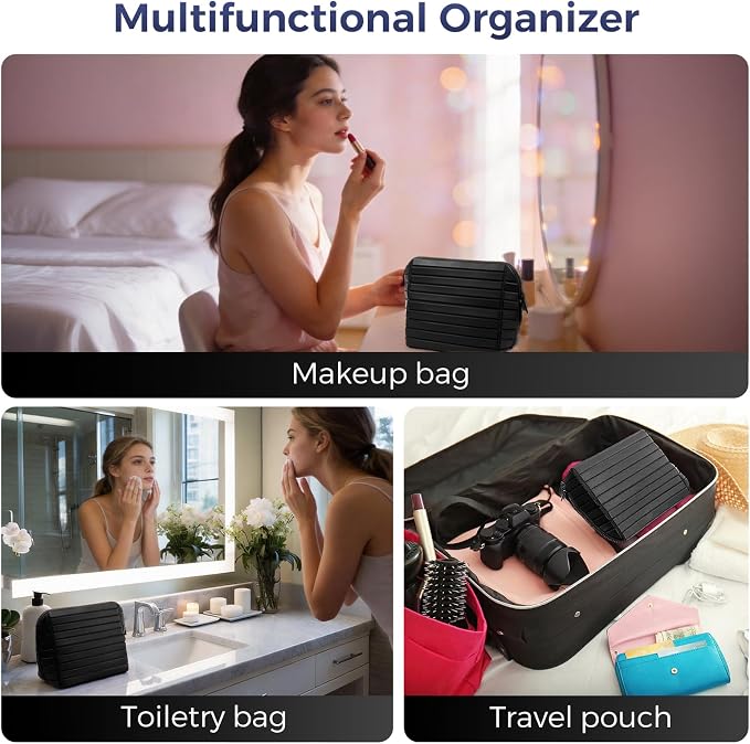 Travel Makeup Organizer Bag with Fold-Down Design and Adjustable Dividers, 27 Pockets & 3 Brush Storage Holders, Large Capacity Cosmetic Bags Toiletry Case- Black - Image 5