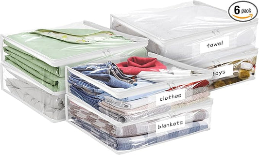 Plastic Storage Bags with Easy-Glide Zipper, Pack of 6, Durable Clear Vinyl Zippered Storage Bags for Clothes Sweaters Comforters Blankets Sheets Bedding (15.7 x 13.8 x 2.5 Inch, White) by Kikerike
