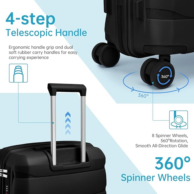 Carry On Luggage 22x14x9 Airline Approved, 22 Inch PP Hardshell Luggage Carry-on Suitcase with Spinner Wheels, Carry On Suitcase Set for Women (Black) - Image 3