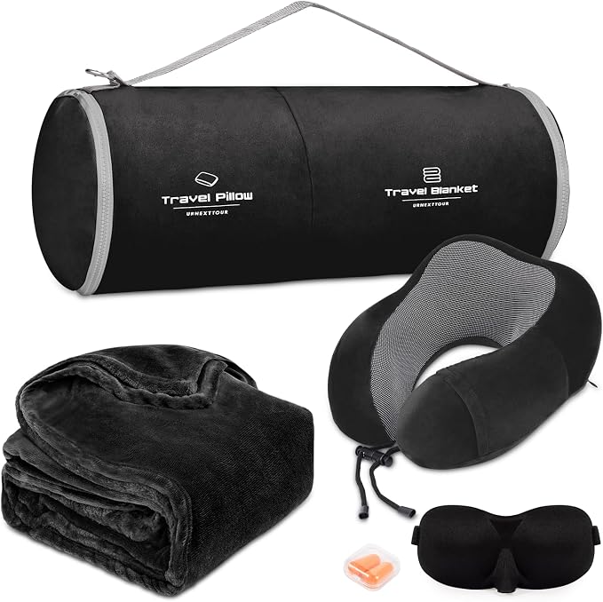 urnexttour Travel Pillow and Blanket Set Neck Pillows Travel Essentials with Sleep Mask for Airplane Car Memory Foam Black by Urnexttour