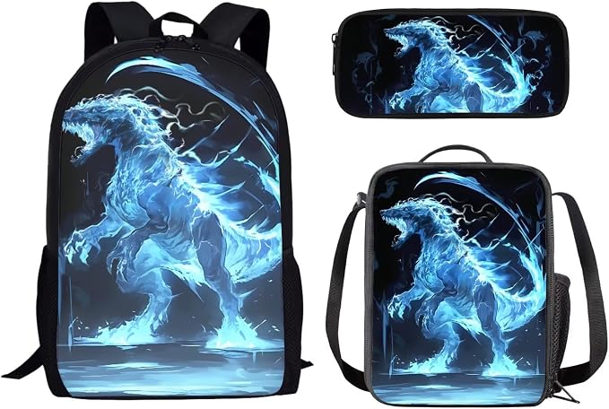 Mumeson Dinosaur Backpack Water Resistant 3 in 1 School Bag Set Outdoor Students Rucksack School Bag and Lightweight Lunch Bags Portable Pencil Case Back to School Supplies by Mumeson