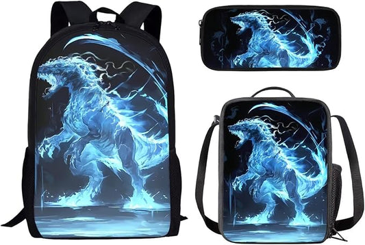 Mumeson Dinosaur Backpack Water Resistant 3 in 1 School Bag Set Outdoor Students Rucksack School Bag and Lightweight Lunch Bags Portable Pencil Case Back to School Supplies by Mumeson