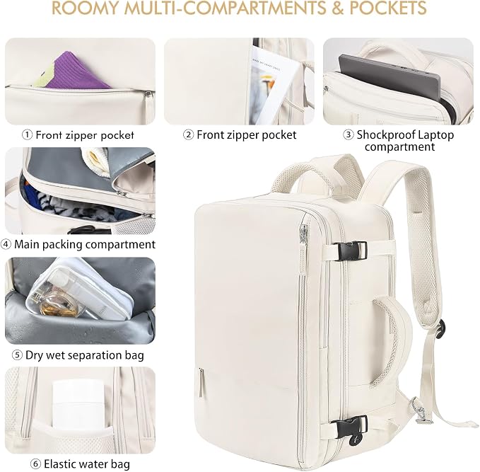 Beraliy Travel Backpack Airline Approved, Carry on Backpack, 16 Laptop Backpack, Waterproof Weekender Bag, Casual Daypack, Hiking Backpack, Beige - Image 6