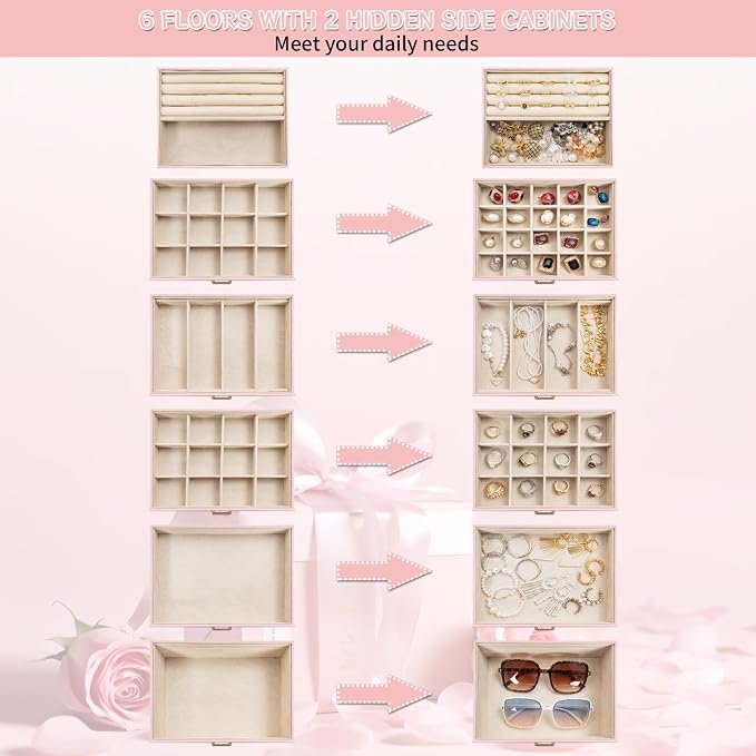 AKOZLIN 6-Tier Jewelry Box Organizer Functional 5 Drawers Leather Jewelry Storage Case for Women Girls Ring Necklace Earring Bracelet Holder Organizer with Mirror Extra Large Champagne Pink - Image 2