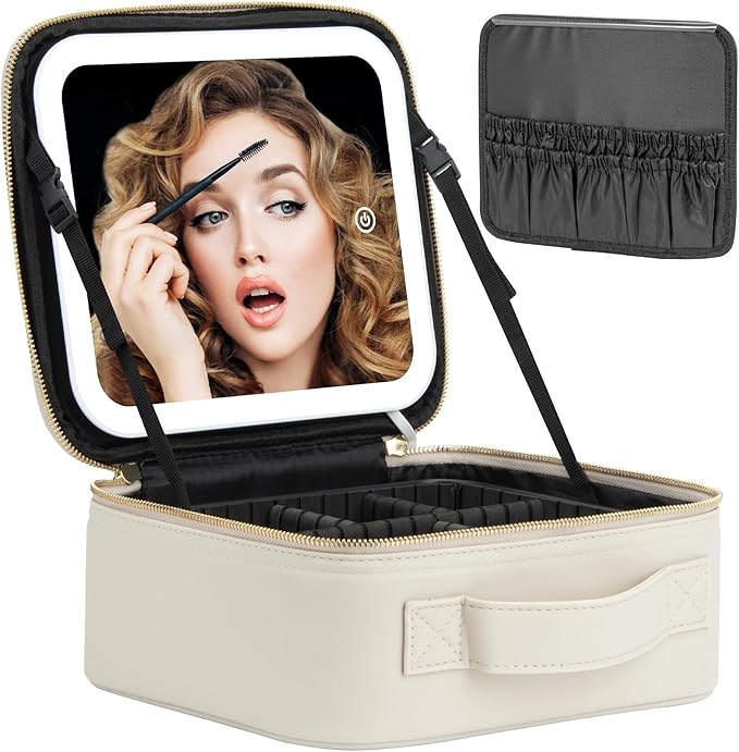Extrei Gent Makeup Travel Train Case with Mirror LED Light 3 Adjustable Brightness Large Cosmetic Bag Portable Storage Adjustable Partition Waterproof Make up Brushes Makeup Jewelry Gift for Women by Extrei+Gent