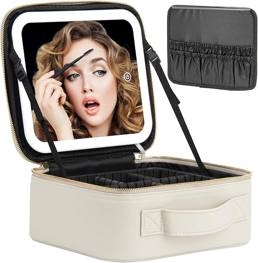Extrei Gent Makeup Travel Train Case with Mirror LED Light 3 Adjustable Brightness Large Cosmetic Bag Portable Storage Adjustable Partition Waterproof Make up Brushes Makeup Jewelry Gift for Women by Extrei+Gent