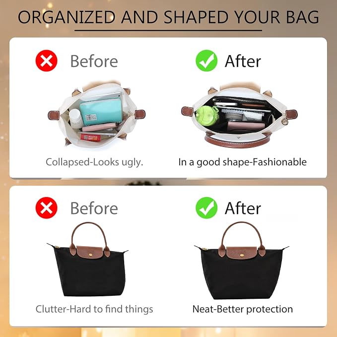 Soft Nylon Purse Organizer Insert for Longchamp Le Pliage Original S Handbag, Lightweight Luxury Long Champ Small Handbag with Cup Holder,Zipper Bags Inner Linner with 7 Deepened Pockets,S/Black - Image 4