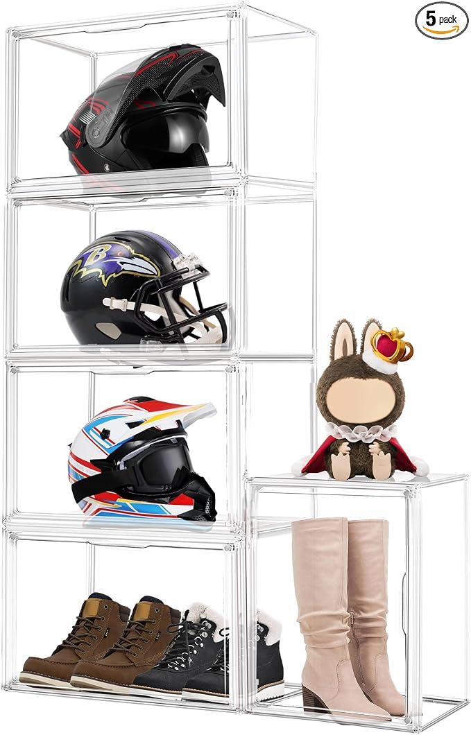 5 Pack XXX-Large Extra Large Acrylic Display Case 17.3'' x 13'' x 13'', Transparent Sneaker Boxes Clear Plastic Stackable Boot & Shoe Boxes Large Showcase for Helmet, Handbag, Figures Collectibles by EZJOB