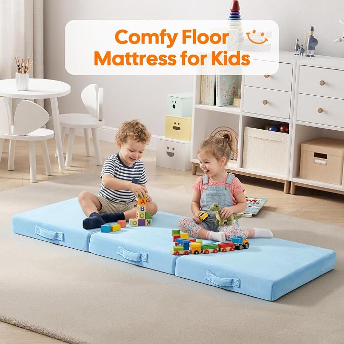 MeMoreCool Foldable Floor Mattress for Kids Trifold, 57x22 Inch Blue | Trifold foam floor mattress for kids room, reading nook and family room - Image 6