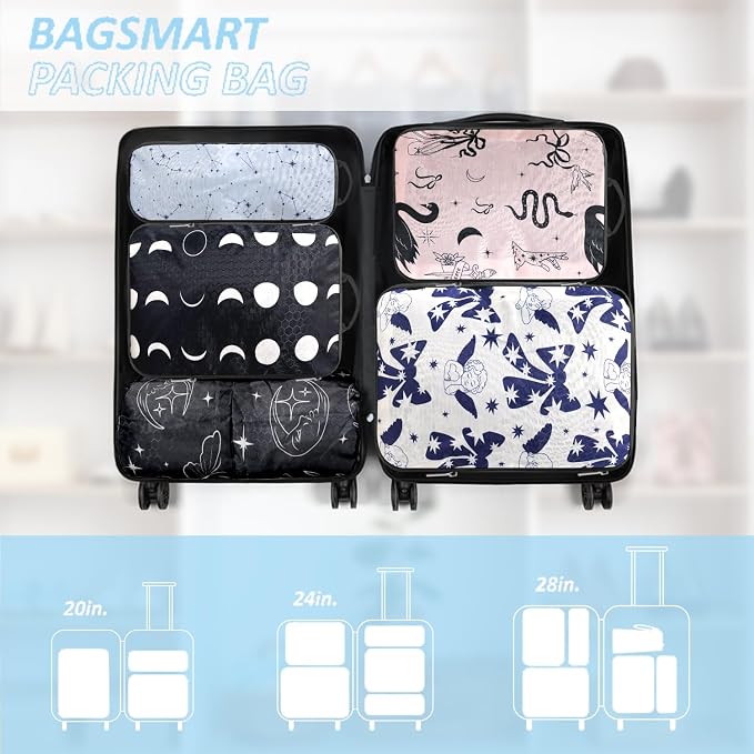 Boho Compression Packing Cubes Set (7 Piece) - Sun Moon Stars | Ultra-Lightweight, Celestial Pattern Travel Organizer Bags, Essential for Clothes, Shoes, Cosmetics & Toiletries, Dark - Image 5