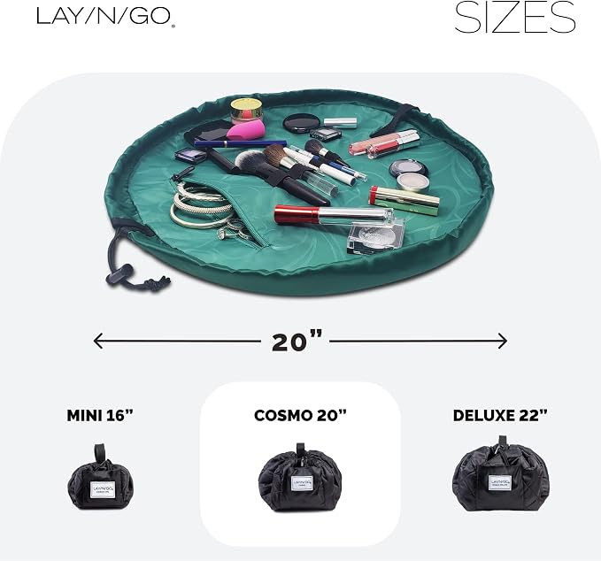 Lay-n-Go Cosmo Lay Flat Drawstring Cosmetic & Makeup Bag Organizer - Zipper Pocket, Brush Loops & More - Durable, Machine Washable Toiletry Carrier for Travel, Cinch Closure, Gift (20", Evergreen) - Image 5