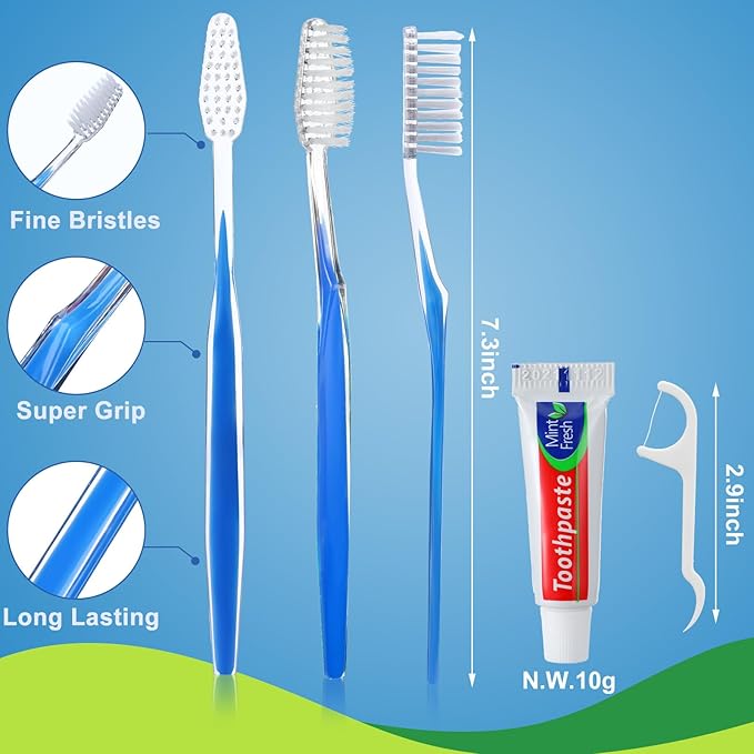 200 Sets Bulk Disposable Toothbrushes Toothpaste Floss Individually Wrapped Dental Floss Pick Kit Homeless Hygiene Kit Bulk Homeless Care Package Supplies for Travel Hotel (Light Blue Pink)