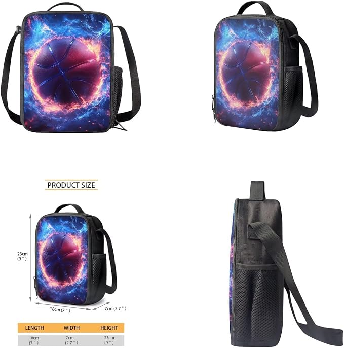 Fire Basketball Backpack for School Boys Backpack with Lunch Box Water Bottle Bag and Large Pencil Pouch 4PCS Set Bookbag with Front Pocket 17" Lightweight School Bag with Side Pocket for Kids - Image 4