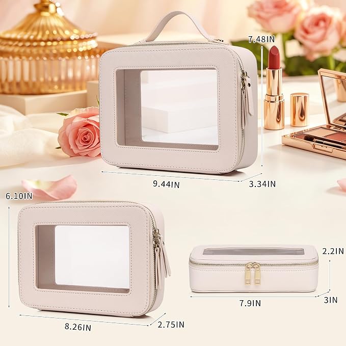 Travel Makeup Set, Beige, L+M+SLIM | Waterproof, Transparent Cosmetic Bag, Toiletry Bag, Makeup Brush Case with Zipper, Car Essentials for Women - Image 3