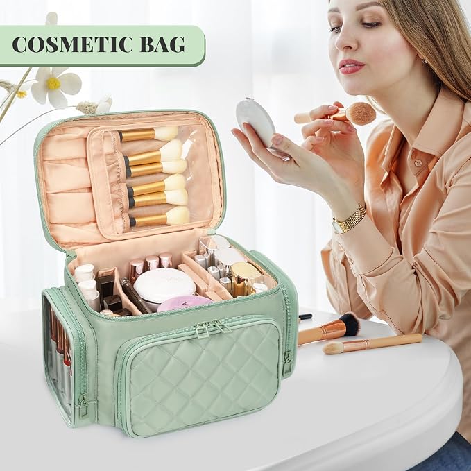 Bagmoly Large Makeup Bag, Portable Travel Makeup Bag Organizer for Women Girls with Makeup Brush Compartment & Two Side Pockets, Cosmetic Travel Bag Vertical Storage Toiletry - Green - Image 7