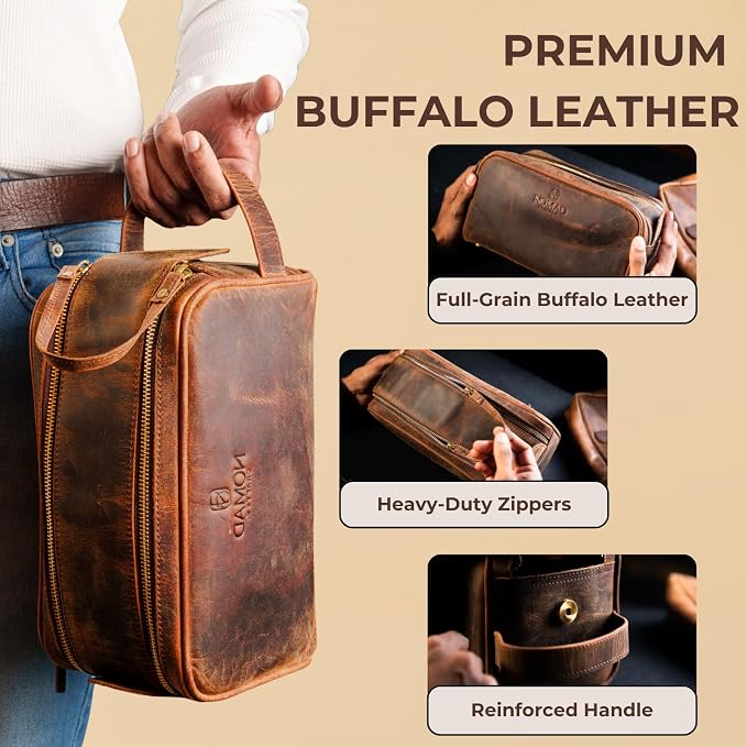 King Size Premium Leather Travel Toiletry Bag for Men and Women - Water-Resistant Dopp Kit - Mens Bathroom Bag, Shaving & Cosmetic Organizer - Toiletry Bag, Travel Bag Leather, Unisex Use - Image 4