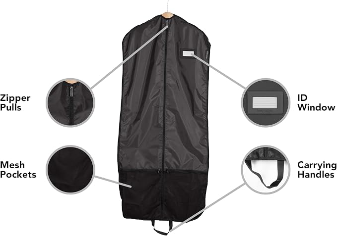 Covermates Deluxe Garment Bag Set for Closet Storage & Travel – Heavy Duty Hanging Suit & Dress Bags with ID Window, Accessory Pockets & Carrying Handles – Premium Wardrobe Protection, Black - Image 5