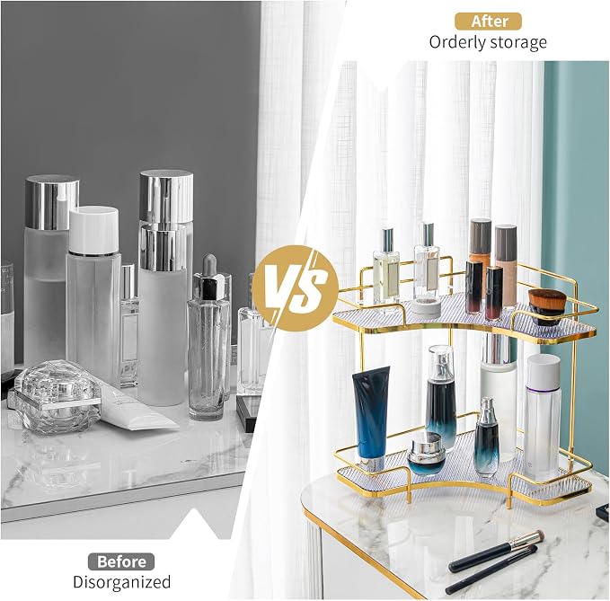 Seoneiro 2 Tier Corner Bathroom Counter Organizer, Cosmetic Skincare Organizer, Bathroom Countertop Perfume Tray Vanity Organizer, Kitchen Spice Corner Storage Shelf - Image 3
