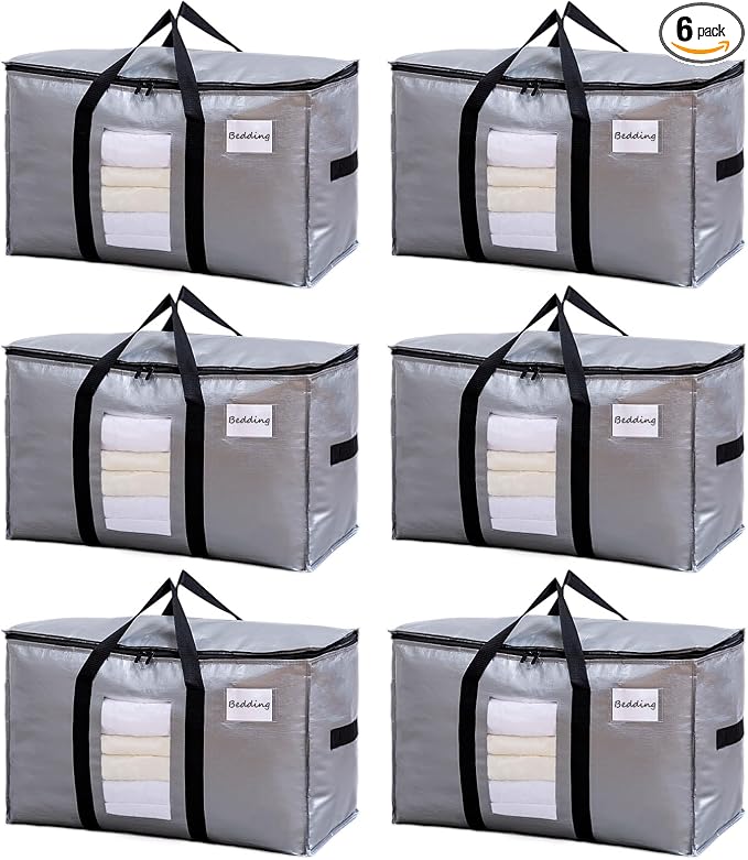 TAILI Extra Large Moving Bags, 6 Pack Silver Heavy Duty Totes For Storage with Visible Window, Wrap Around Handles, Storage Bags for Space Saving, Alternative to Moving Boxes by TAILI