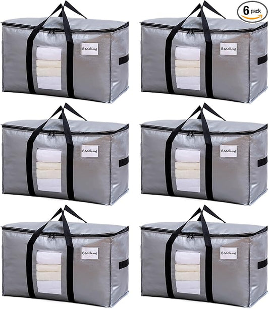 TAILI Extra Large Moving Bags, 6 Pack Silver Heavy Duty Totes For Storage with Visible Window, Wrap Around Handles, Storage Bags for Space Saving, Alternative to Moving Boxes by TAILI