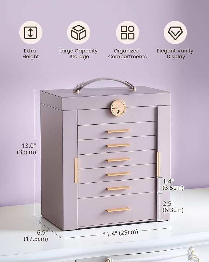 Lolalet Large Jewelry Box Organizer for Women, 7-Layer Jewelry Organizers and Storage Case with Mirror & 6 Drawers, Lockable Watch Ring Earring Bracelet Necklace Holder Girls Gift -7Layer, HazePurple - Image 3